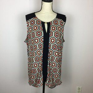 Anne Klein Blouse Tank Top XL Womans Black Red Geometric Keyhole Logo Sleeveless